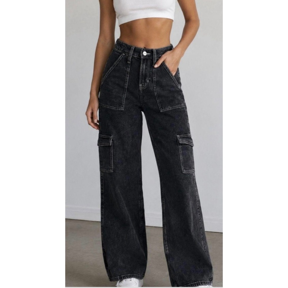 Hollister High Rise Vintage Baggy Cargo Jeans Washed Black 3R W26 Utility Wide